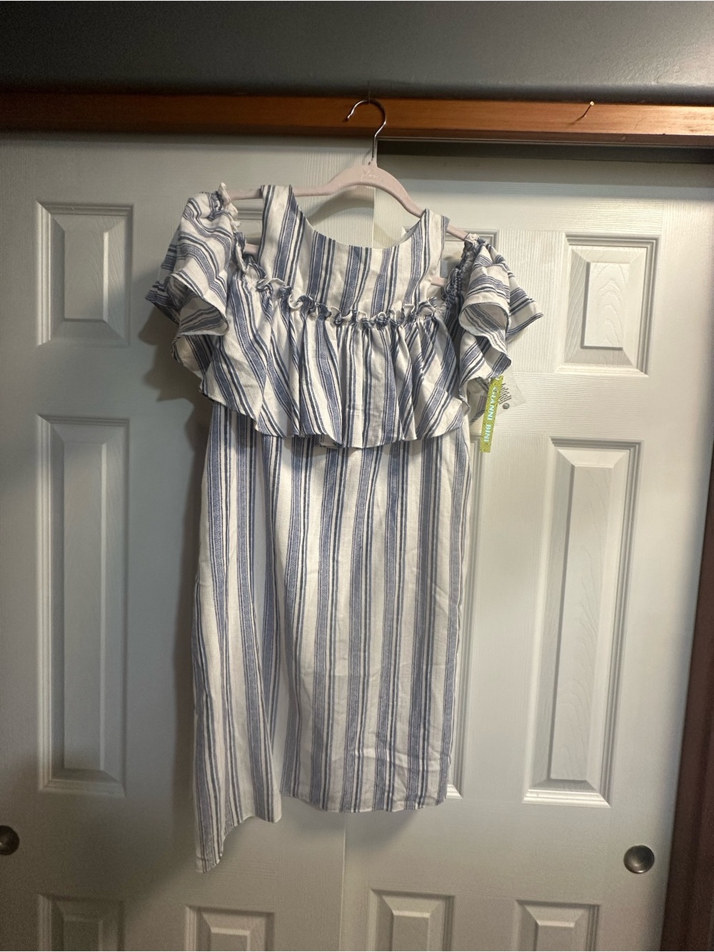 Gianni Bini White and Blue Striped Ruffle-Trim Mini Dress